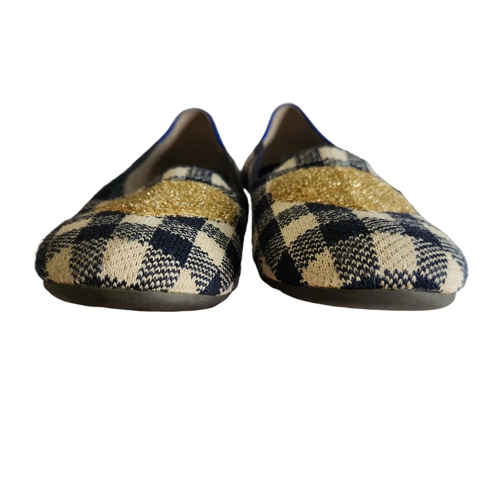 Rothy's Navy and Cream Gingham Kids Slip-On Flats with Gold Heart